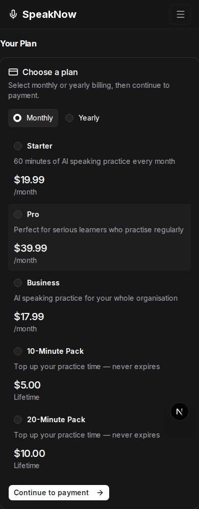 Billing page on mobile