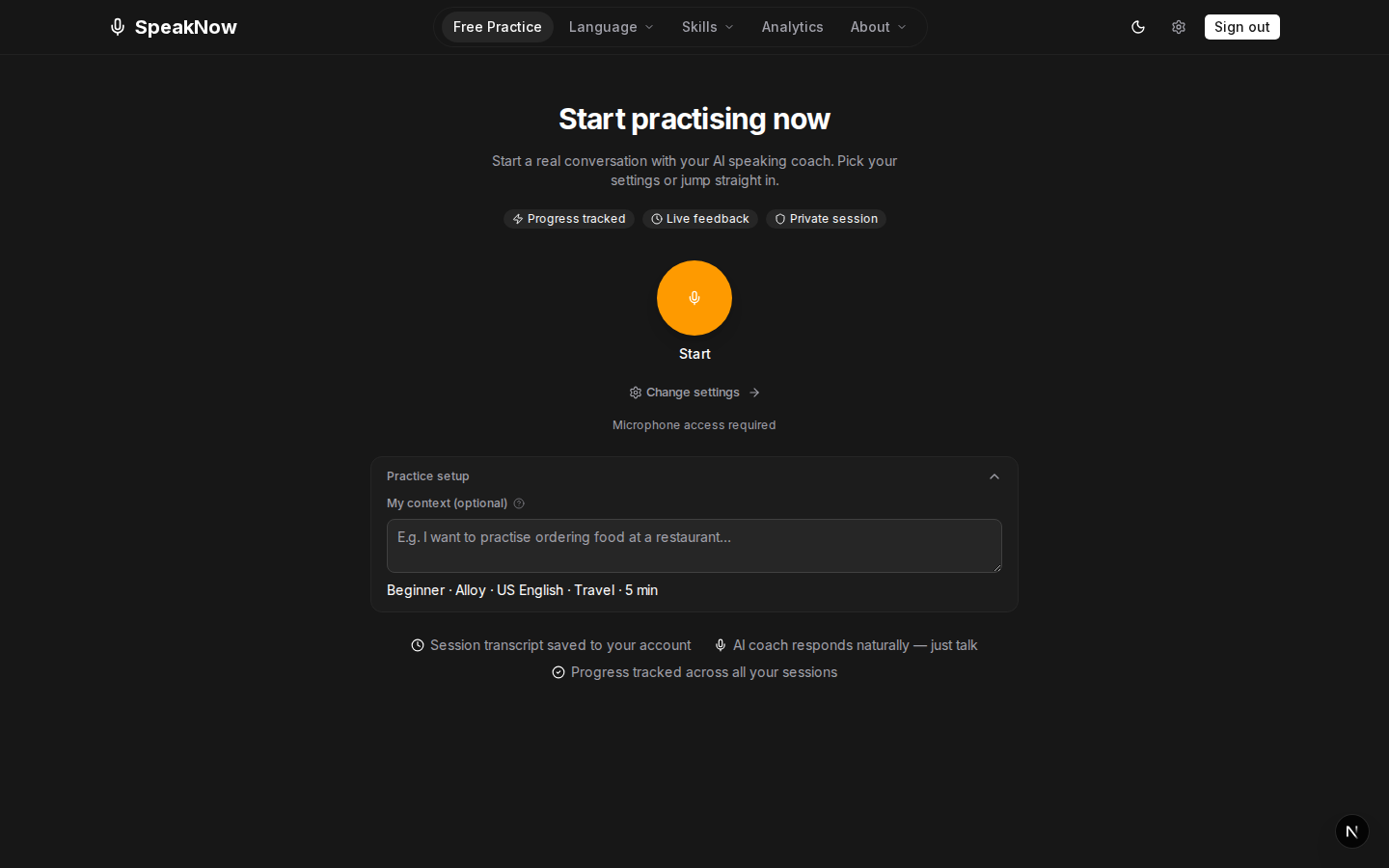 Dashboard — session timeline and practice stats