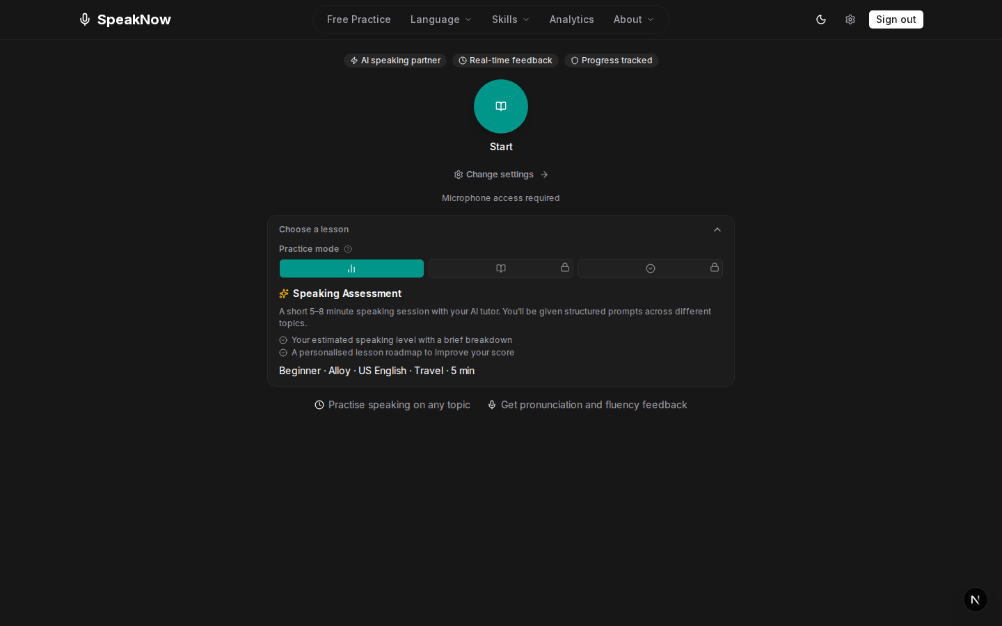 Lessons page — browse and start your next lesson