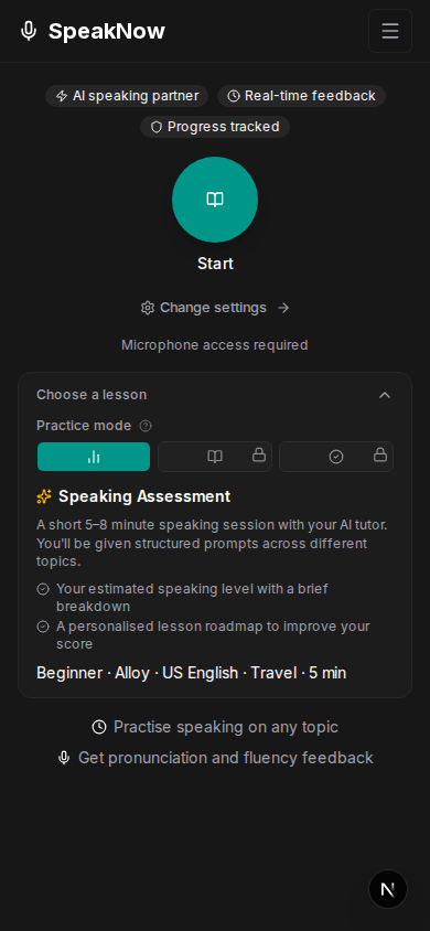 Lessons page on mobile