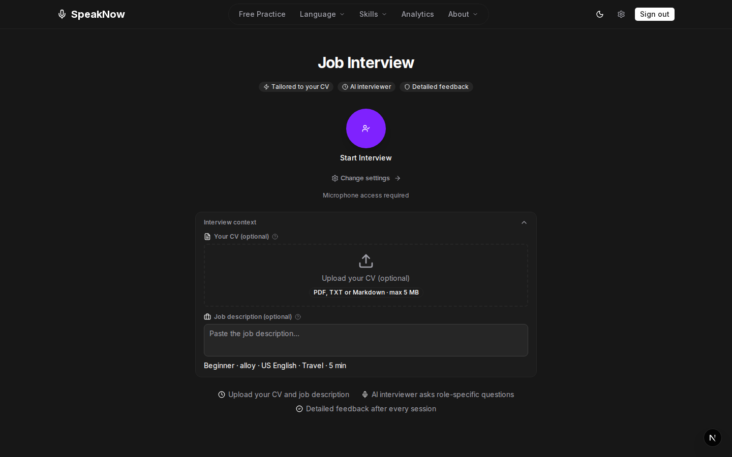 Job Interview track — CV upload and job description fields