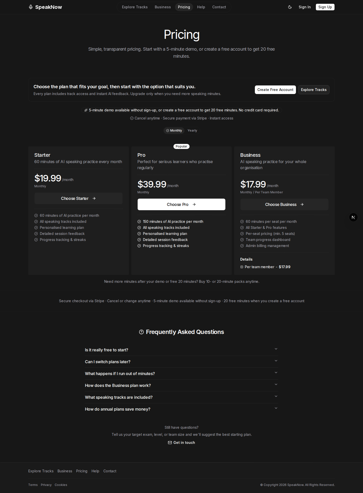 Pricing page — Starter and Pro plans