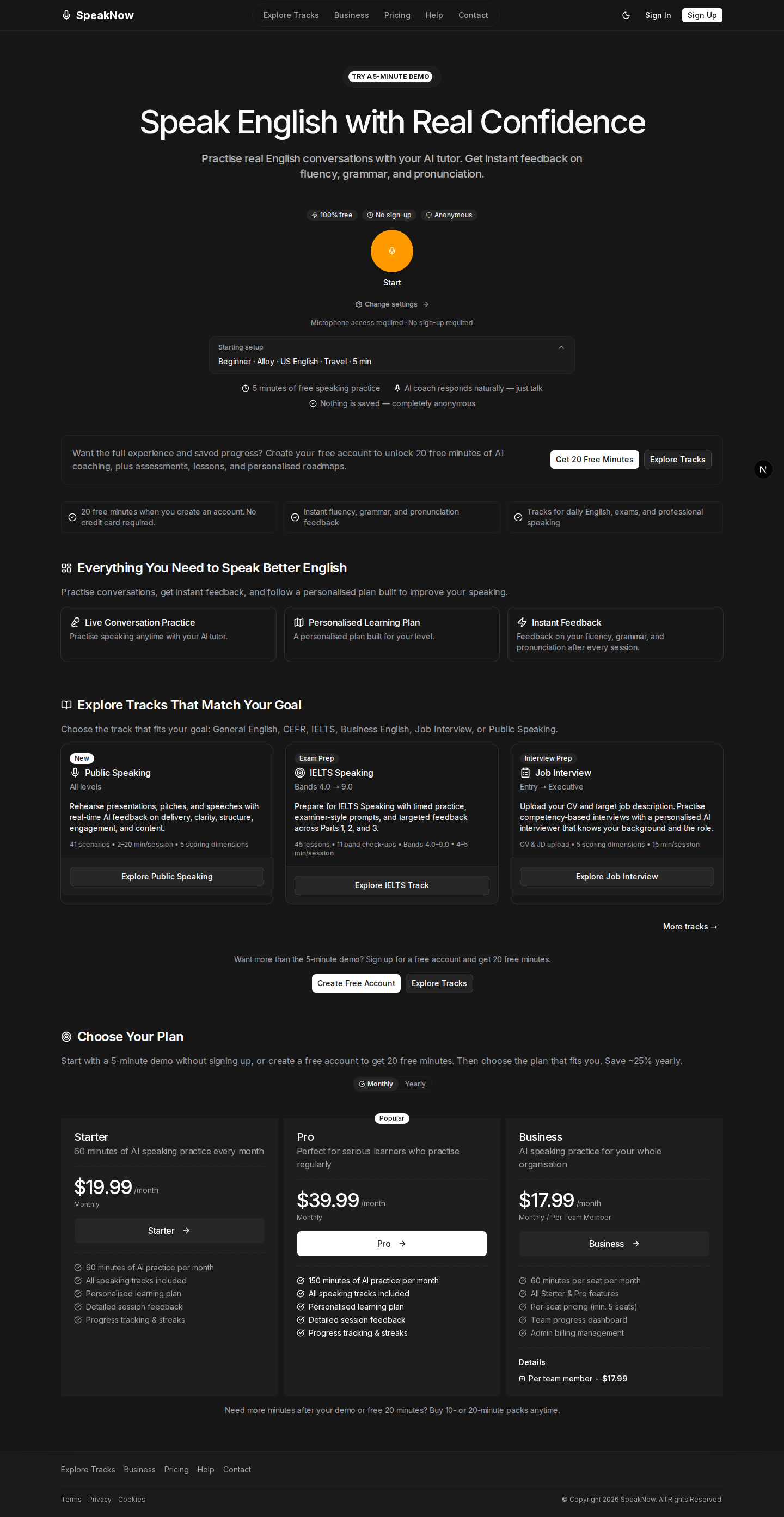 Homepage try-widget — start a free 5-minute session